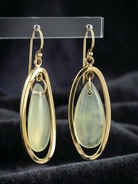 14K Gold Jadeite Dangle Earrings 1.5"